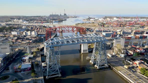 Stunning aerial view of Old Buenos Aires Transporter Bridge; La Boca, Argentina