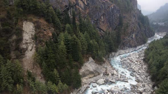 Flying down canyon following the Marsyangdi River in Nepal