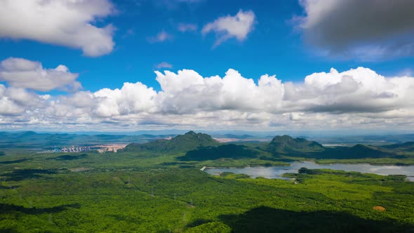 Clouds moving over the mountains and lake during the day, clear skies. alt