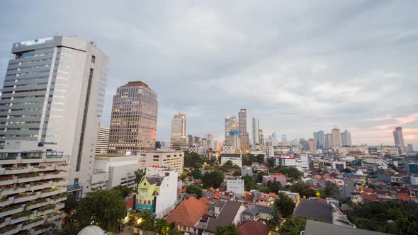 Timelapse of Jakarta City Panorama at Sunset. Indonesia.