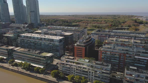 Aerial establishing shot Puerto Madero neighborhood at Buenos Aires city