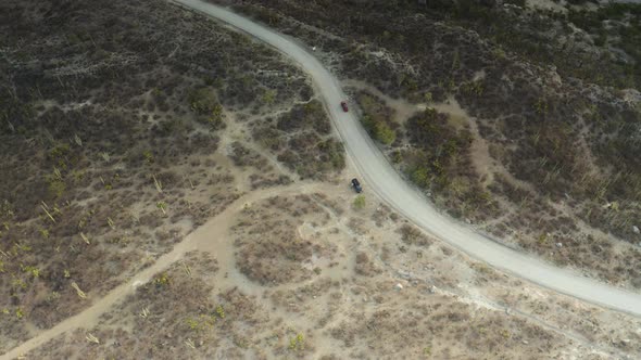 Car Traveling on Zapotitlan Desert Road in Mexico - Aerial Bird's Eye View