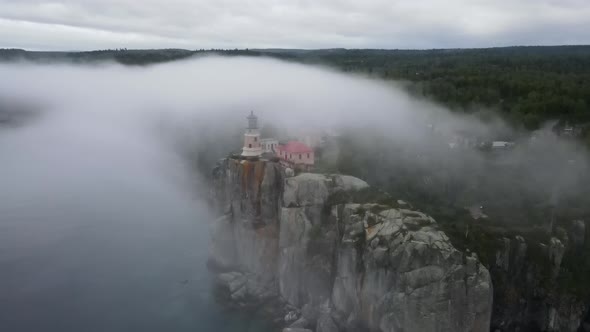 Foggy afternoon amazing landscape aerial view of Split Rock light house State Park in Minnesota