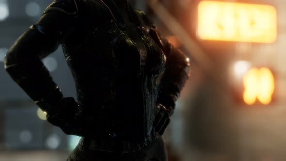 Futuristic Cyberpunk Style Young Woman with Neon Bokeh Lights alt