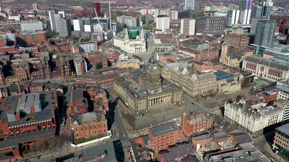 Aerial footage of the Leeds City Centre showing construction work being done in the UK