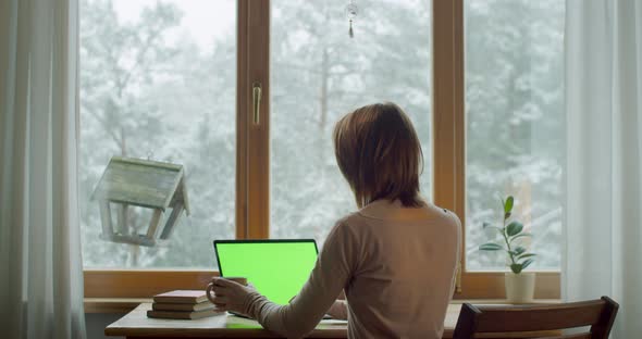 Back View of Girl Drinking Tea While Working on Pc Computer at Home Interior Slow Motion