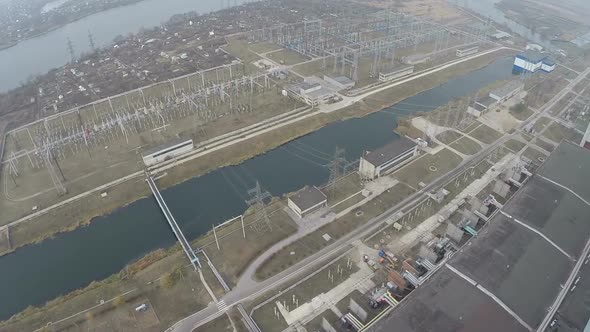 Electric facilities on power plant area, aerial view