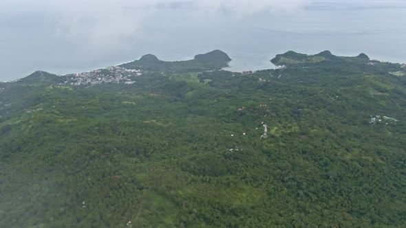 Exciting view in a foggy aerial flight toward the coastline, the wide greeny forest and calm ocean