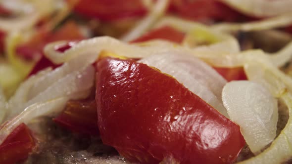 Fried vegetables tomato and onion on a piece of grilled meat