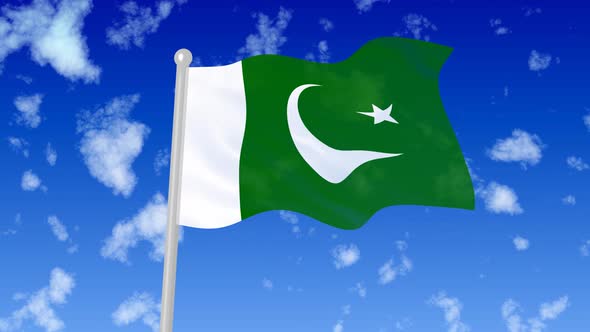 Pakistan National Flag Flying Wave In The Sky With Clouds