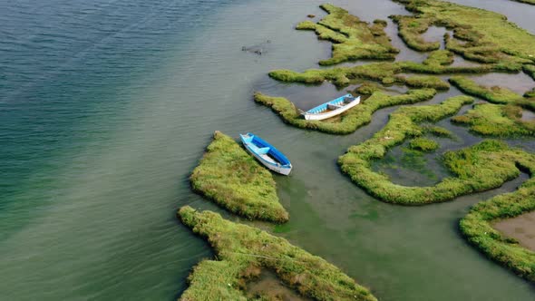 Aerial view of abandoned boats at the wetland.