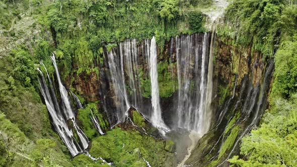 Drone Rising Over Tumpak Sewu Waterfalls