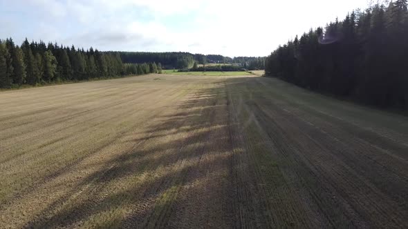 Drone flying fast and low over farmland and forest in Finland national park