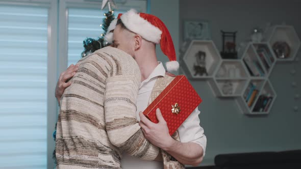 Happy Handsome Men with Santa Claus Hats Hugging in Front of the Christmas Tree