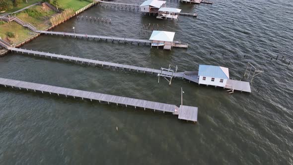 Homes and private piers along Mobile Bay in Fairhope, Alabama