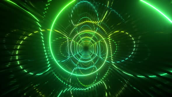 Gradient Neon Spiral Metal Tunnel Background. Endless Flight Forward. Modern Neon Lighting. Seamless alt