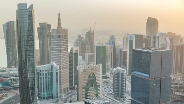 Skyscrapers Before Sunset Timelapse in the Skyline of Commercial Center of Doha the Capital Qatar
