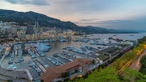 Panorama of Monte Carlo Day To Night Timelapse From the Observation Deck in the Village of Monaco