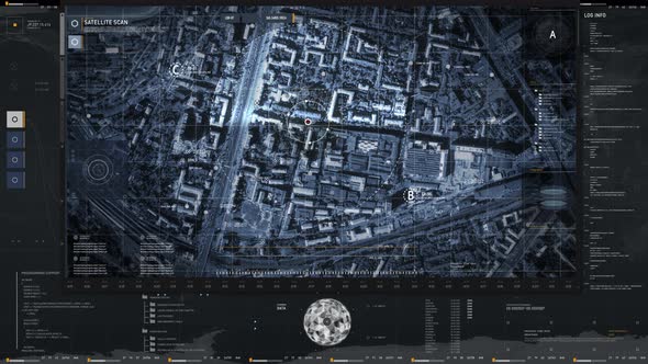 Crime Detection system has located the target suspect position on a cityscape alt