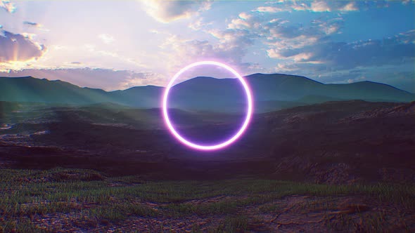 Retro Neon Circle Light on the Landscape Ground 4K alt