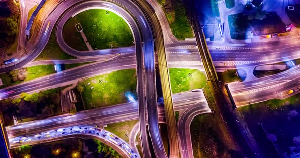 Freeway Intersection Traffic Trails in Night Moscow