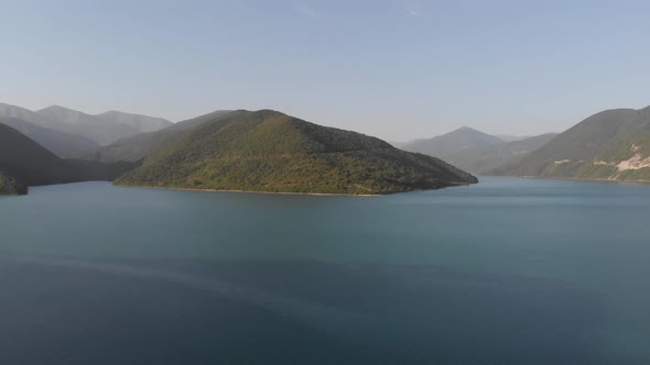 Aerial view of Zhinvali Reservoir. Ananuri Lake with blue water in Georgia