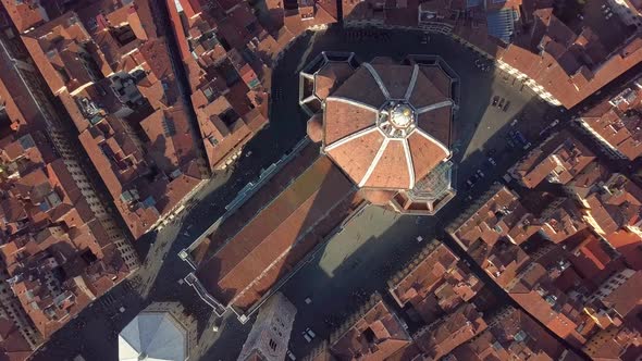 Aerial View. Top View of the Cathedral Florence, Tuscany, Italy. Flying Over the Florence Roofs.