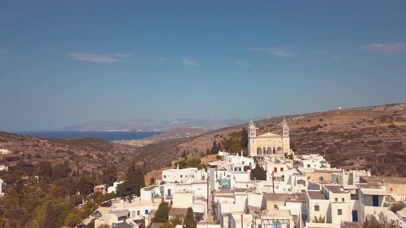 Aerial Drone Shot Over the Village of Lefkes Greece Punching in to Reveal the Landscape of the Islan