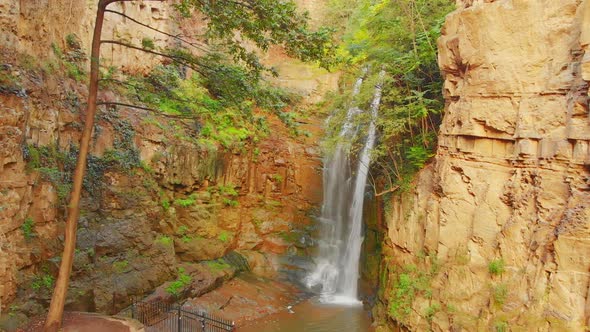 Approaching Aerial View Of Isolated Leghvtakhevi Waterfall In Tbilisi