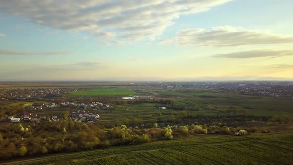 Aerial view of fresh garden trees, pathed plowed farm fields and distant town houses in spring.