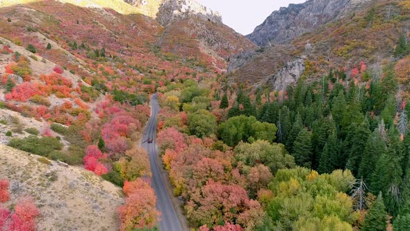 Car driving on scenic drive through canyon during the Fall