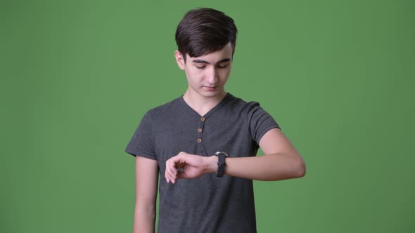 Young Handsome Iranian Teenage Boy Against Green Background