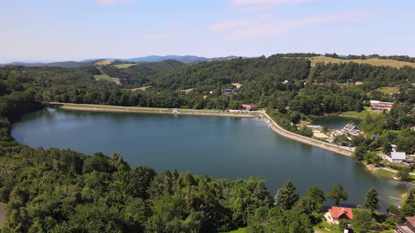 Aerial view of Vindsachtske lake in the village of Stiavnicke Bane in Slovakia