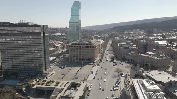 Tbilisi, Georgia - March 3, 2021: Flying over Shota Rustaveli Avenue