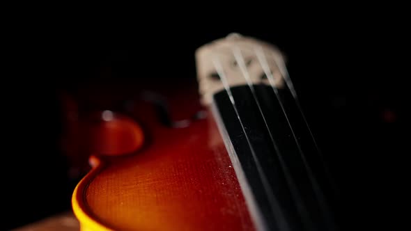 Classic violin musical instrument lies under the light in a dark studio, close-up.