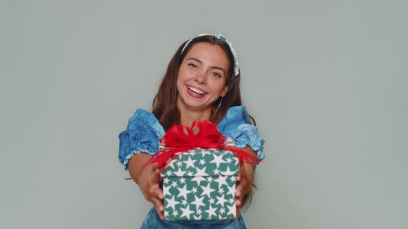 Pretty Woman Presenting Birthday Gift Box Offer Wrapped Present Career Bonus Celebrating Party