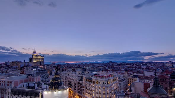 Panoramic Aerial View of Gran Via Day To Night Timelapse Skyline Old Town Cityscape Metropolis