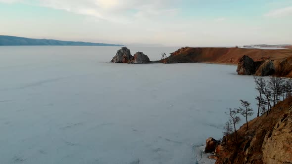 Drone View of Shamanka Rock on Olkhon Island at Sunset