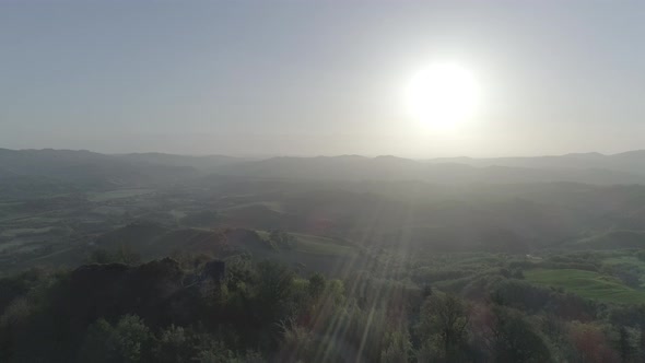 Aerial view on Marche hills at sunrise, Marche, Italy