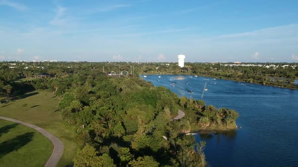 Aerial pan of a Cable Waterski Facility from left to right