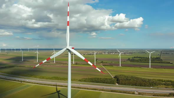 Aerial View of Wind Turbines Farm in Field. Austria. Drone View on Energy Production