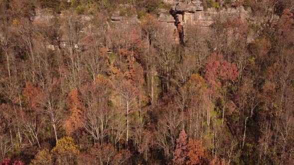 Aerial crane shot. Fall colors cover the cliff faces below Signal Mountain Chattanooga Tennessee.