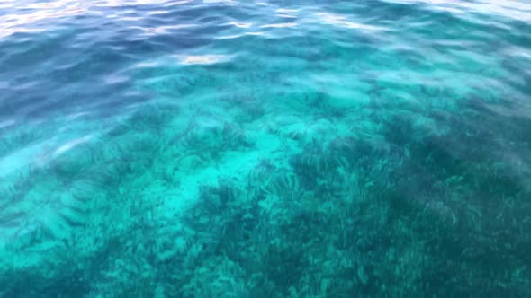 Clip of the underwater of the blue ocean in Florida Keys, USA, revealing a lighthouse in the distanc