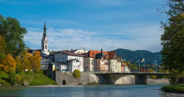 Timelapse of Golden Autumn in Famous Tourist Landmark Medieval Town Bad Tolz. View of Isar River