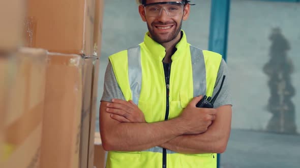 Professional Industry Worker Close Up Portrait in the Factory or Warehouse