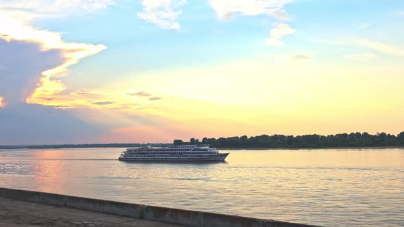 Panoramic View on Cruise Motor Ship Plying Along Confluence of Volga and Oka Rivers