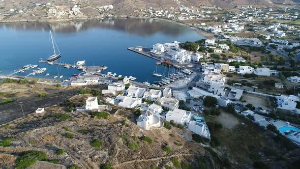 Port of the island of Ios in the Cyclades in Greece seen from the sky