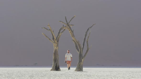 Man Was Walking Alone In The Desert With Dead Trees At Sossusvlei. - wide shot