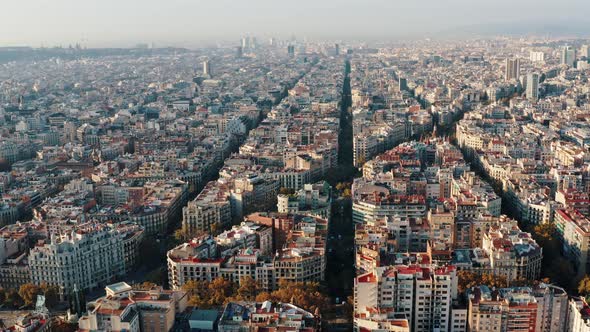 Panoramic Aerial View of Barcelona Cityscape with Typical Urban Octagon Buildings