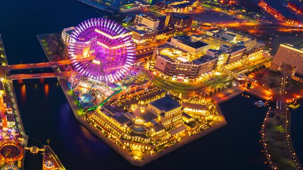 day to night time lapse of Yokohama harbor at Minato Mirai waterfront district, japan